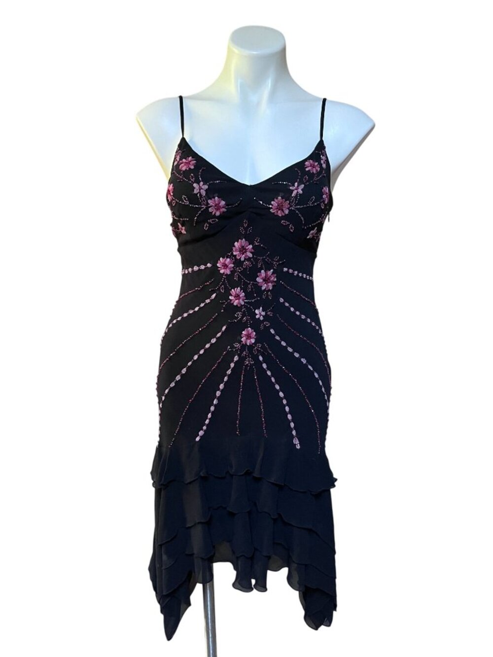 Sue Wong Silk Y2K Fairy Dress Pink Floral Beading Handkerchief Hem Lace-Up Back - Picture 2 of 11